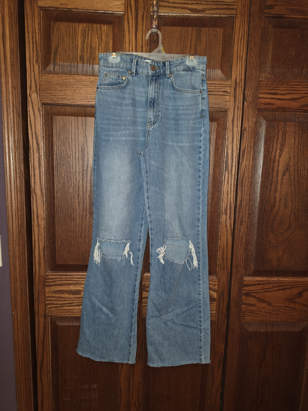 stradivarius Light Blue Flared Distressed Knee Jeans